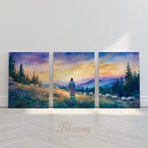 JESUS LEAVE THE 99 Set of 3 Pieces Digital Watercolor Wall Art Good Shepherd Sinner Christian Triptych Poster Parable of The Lost Sheep |025