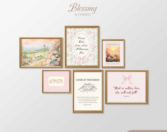 Christian Wall Art Bundle Printable Set of 6 Bible Verse Green Gallery, Pink Scripture Posters, Pastel Faith Quote Decor Digital Download B1