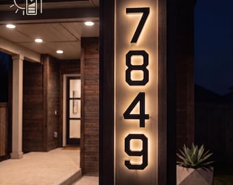 Solar Powered House Numbers, LED Illuminated Address Sign, Modern Backlit Metal House Numbers, Custom Build Your Own, Housewarming Gift