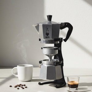 Op de afbeelding: Een zilveren espressomaker met een zwarte handgreep en voet, naast een witte mok, een klein glas espresso en koffiebonen. Stoom stijgt op uit de koffiemaker, wat duidt op vers gezette koffie. De espressomaker heeft een klassiek ontwerp.