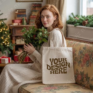 Christmas Tote Bag Mockup, Holiday Canvas Bag Mockup with Cozy Winter Scene, Natural Shoulder Bag Mockup, Digital Mockup for Print on Demand