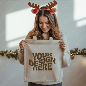 Christmas Canvas Tote Bag Mockup, Minimalist Cool Natural Shoulder Bag Mockup, Raindeer Model Mockup, Digital PNG Mockup for Print on Demand