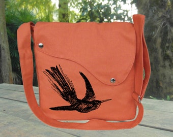 Orange canvas messenger bag women custom screen hummingbird print crossbody bag women hobo bag vegan purse diaper bag satchel, mom gift