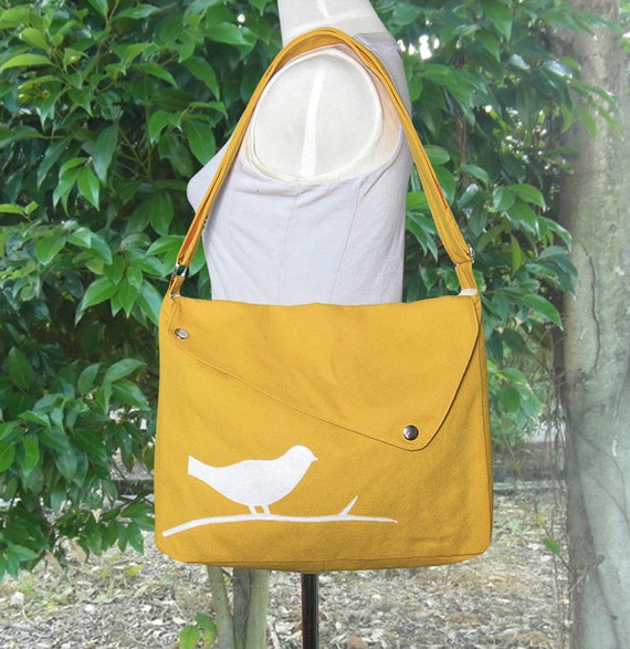 Golden cotton canvas messenger bag / shoulder bag / bird Etsy