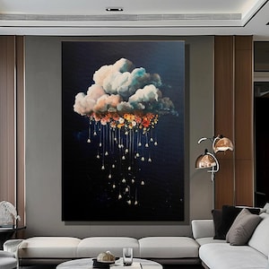 May include: A rectangular wall art piece featuring a large, textured cloud in shades of white, grey, and blue against a dark black background. Beneath the cloud, vibrant orange, yellow, and red flowers hang down like rain droplets on thin lines.
