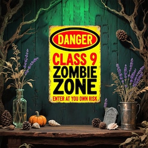 Zombie Zone Tin Sign | Funny Danger Warning Metal Sign | Halloween Haunted House Wall Decor | Rustic Vintage Zombie Apocalypse Plaque