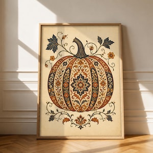 Folk Art Pumpkin Print, Ornate Floral Fall Poster, Vintage Autumn Decor