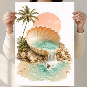 Könnte beinhalten: Ein surrealer Kunstdruck mit einer riesigen Muschel als Pool, aus der ein Wasserfall auf einen Sandstrand fließt. Die Szene zeigt eine Palme, eine große pfirsichfarbene Sonne sowie Personen, die im türkisfarbenen Wasser schwimmen und surfen.