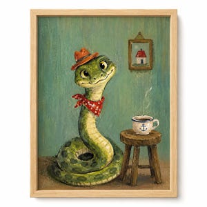 May include: A framed painting of a green snake wearing an orange fedora and a red polka-dot neckerchief. The snake sits beside a small wooden stool holding a white mug with a blue anchor icon. A small framed picture of a house hangs on the wall.