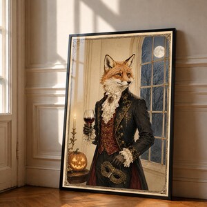 Könnte beinhalten: Ein gerahmter Kunstdruck, der einen Fuchs mit menschlichen Zügen zeigt, bekleidet mit einem dunklen Mantel mit Goldstickerei, einer roten gemusterten Weste und einem weißen Rüschenjabot. Der Fuchs hält ein Weinglas, daneben eine Kerze und ein Kürbis.
