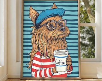 Yorkie Coffee Print, Funny Dog Kitchen Wall Art, Coffee Bar Decor, Dog Lover Gift