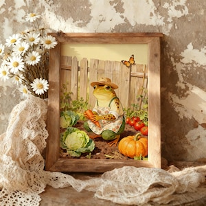 Gardening Frog Poster, Cottagecore Animal Art Print, Whimsical Kitchen Decor, Gardener Gift