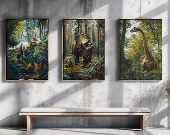 May include: Three rectangular wall art prints featuring dinosaur illustrations. The left print shows a theropod in a lush jungle. The center print depicts a triceratops in a dense forest. The right print displays a long-necked sauropod among trees.