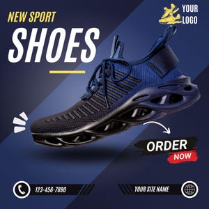 Peut inclure: Une chaussure de sport bleue et noire avec le texte "NEW SPORT SHOES". La chaussure a une semelle et des lacets noirs. Les mots "ORDER NOW" sont également visibles. Un numéro de téléphone et un site Web sont également affichés.