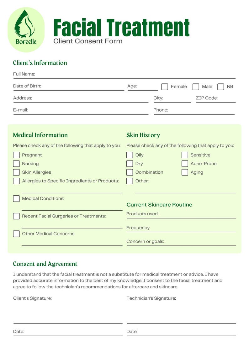 Editable Skincare Client Intake Form: Customizable Facial Consultation ...