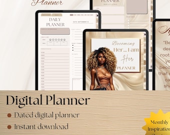 May include: Digital planner with a beige and brown color scheme. The image shows several tablets displaying planner pages, including daily and weekly layouts. The planner features a portrait of a woman and inspirational quotes. The planner includes 900+ hyperlinked pages.