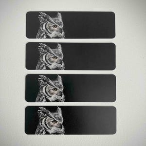 May include: Four rectangular black magnets, each featuring a detailed illustration of an owl's head. The owl is rendered in grayscale with yellow eyes, set against a black background. The magnets are rectangular.