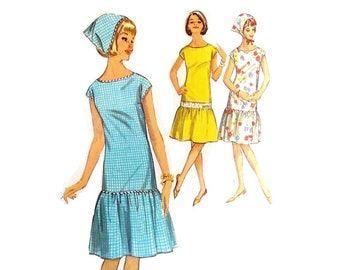 1960s Teen Dress Pattern, Shift with Flounce, Scarf, Scoop Neckline,  Bust 34, Juniors Size 14, Simplicity 5845, Vintage Sewing Pattern