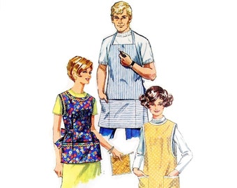 1960s Misses and Mens Apron Pattern, Round Neckline, Patch Pockets, Bust 34 36, Size 12 14, Simplicity 7974, Vintage Sewing Pattern