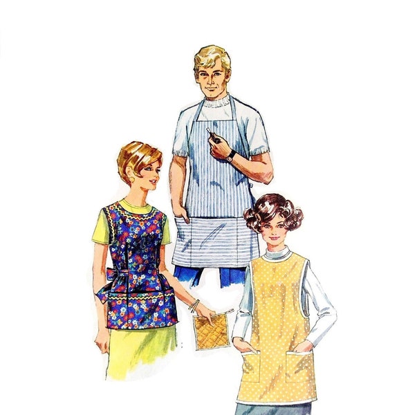 1960s Misses and Mens Apron Pattern, Round Neckline, Patch Pockets, Bust 34 36, Size 12 14, Simplicity 7974, Vintage Sewing Pattern