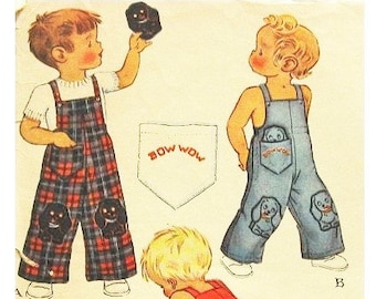 1940s Childs Overalls Pattern with Stuffed Dog for pocket, Size 1, With Transfer Embroidered Applique, FF McCall 1465, Sewing Pattern