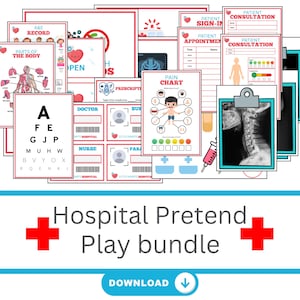Puede incluir: Un conjunto de materiales imprimibles para juegos de rol de hospital. Incluye tablas de visión, diagramas del cuerpo, formularios de pacientes y una escala de dolor. El diseño utiliza colores rojo, blanco y azul.