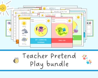 Teacher Pretend Play Printable Bundle: Classroom Role Play, preschool age, (Digital Download A4 PDF Files)