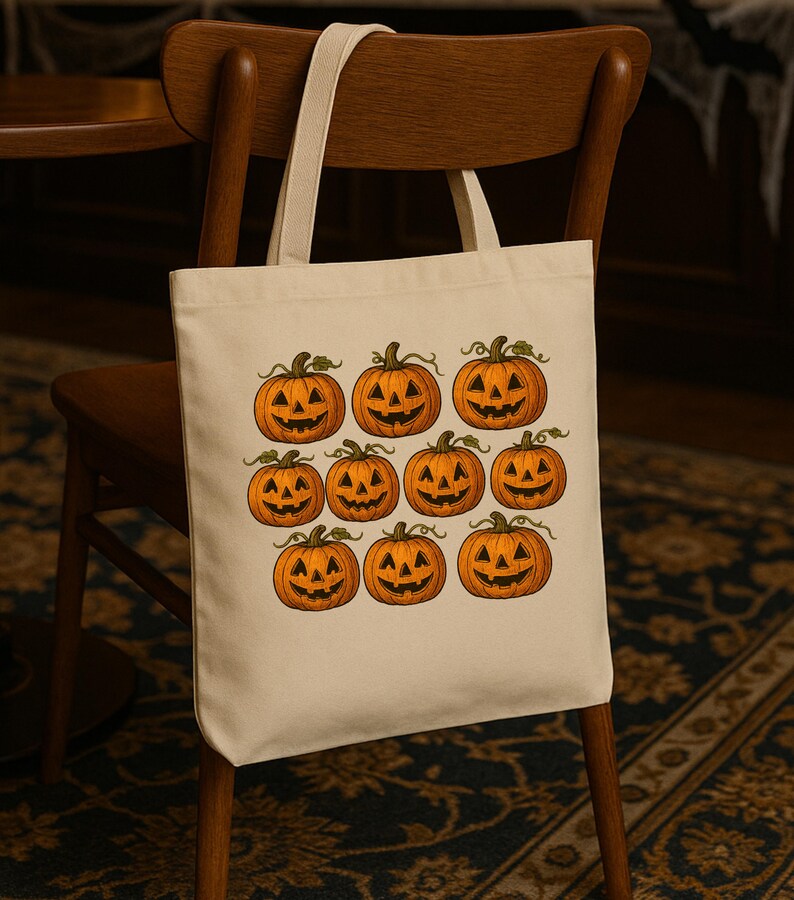 May include: A cream-colored tote bag featuring a repeating pattern of orange jack-o'-lanterns with carved faces and green stems. The bag is made of a sturdy fabric and has long handles for carrying over the shoulder.