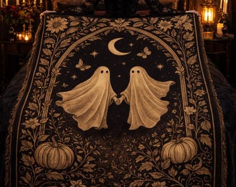 Ghost Woven Blanket Boho Gothic | Dark Romantic Black & Gold Vintage Floral Tapestry Throw | Halloween Gothic Love Home Decor Gift