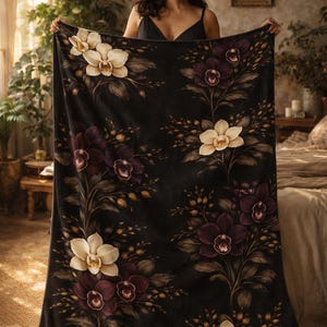Dark Floral Velvet Blanket Gothic Botanical Victorian Cozy Throw Luxury Home Decor Elegant Gift for Her Dark Boho Sofa Couch Blanket Throw X