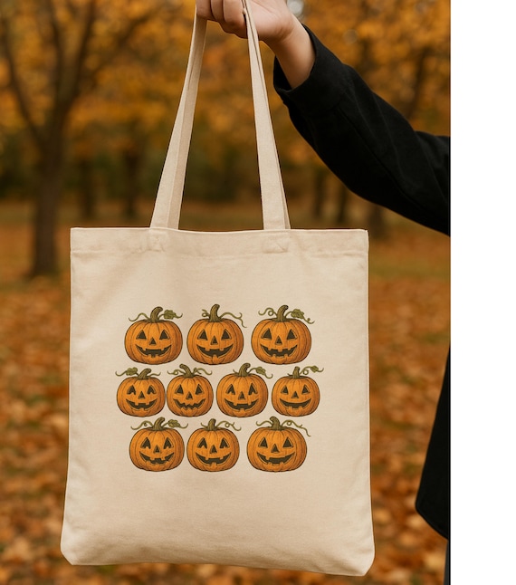 Halloween Pumpkin Tote Bag, Jack O Lantern Tote Bag, Canvas Reusable Tote, Spooky Cute Fall Tote, Trick or Treat Halloween Bag