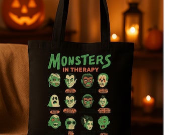 Halloween Tote Bag, Monsters in Therapy Design, Funny Horror Tote, Spooky Reusable Black Bag, Retro Creepy Cute Accessory, Gift