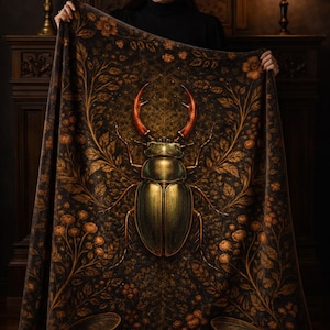 Stag Beetle Velveteen Blanket, Gothic Botanical Boho Throw Dark Cottagecore Decor Insect Art Cozy Gift, Queen Bed Spread, Soft Bedroom Decor