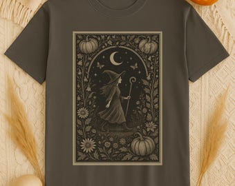 Vintage Witch T-Shirt, Gothic Halloween Graphic Tee for Women, Moon Pumpkin Witchy Aesthetic Shirt