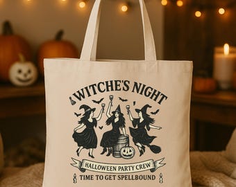 Halloween Tote Bag, Witches Night Vintage Design, Spooky Witch Party Crew Tote, Reusable Cotton Bag, Gothic Fall Accessory Gift
