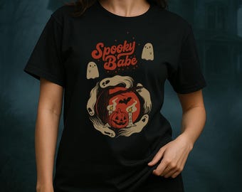 Koszulka z upiorną laską na Halloween, uroczy T-shirt z dynią ducha, jesienna estetyczna koszulka damska, wiedźmowa koszulka z grafiką retro