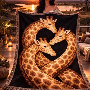 May include: A black throw blanket featuring a design of three giraffes with brown and tan spots, forming a heart shape. The blanket has a fringed edge. The background shows a sunset over a lake and savanna.