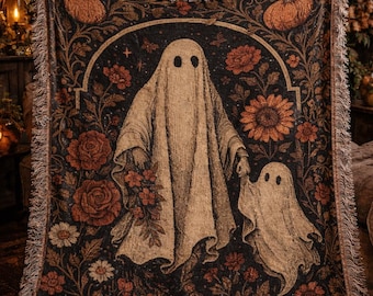 Woven Blanket Ghost Floral Throw, Haunting Vintage Halloween Decor, Cozy Gothic Home, Autumn Whimsigoth Gift