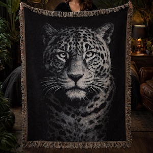Jaguar Noir Woven Blanket  Gothic Botanical Luxury Cotton Throw  Dark Nature Statement Home Decor  Premium Woven Tapestry for Sofa or Bed