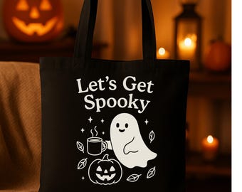 Halloween Tote Bag,Spooky Ghost Pumpkin Coffee Design | Reusable Black Tote Bag | Cute Fall Accessory | Halloween Gift for Her