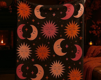 Halloween Sun and Moon Blanket, Cozy Boho Throw, Vintage Celestial Fall Decor, Soft Witchy Gift, Spooky Season Couch Blanket, Aesthetic Art