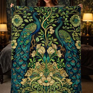 Dark Botanical Peacock Blanket  Luxury Velveteen Microfiber Throw, Emerald Green Floral Decor, Cozy Elegant Home Gift
