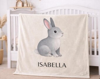 Personalized Bunny Baby Blanket, Custom Name Velveteen Microfiber Nursery Blanket, Neutral Woodland Rabbit Baby Shower Gift