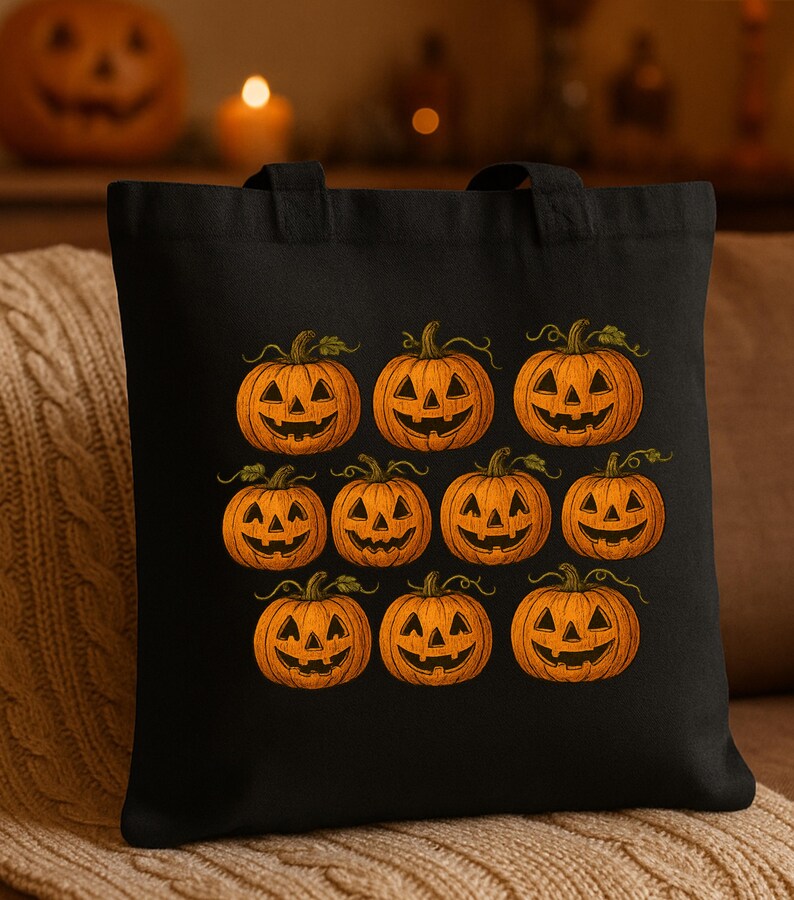 May include: Black tote bag featuring a repeating pattern of orange jack-o'-lanterns with carved faces. The pumpkins have green vines and are set against a black background. The bag has two black handles.