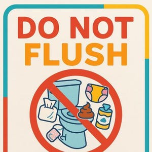 May include: A rectangular sign with a light beige background and a colorful border. The sign features the text "DO NOT FLUSH" in red and orange, and "ANYTHING BUT TOILET PAPER PLEASE" in blue, green, and purple. A red circle with a line through it contains a toilet and other items.