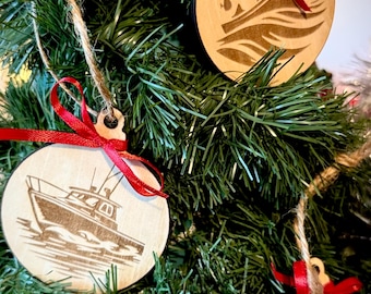Christmas Fishing Boats ornament set w/ red accents
