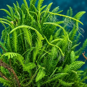 May include: A dense cluster of vibrant green aquatic fern-like plants with delicate, feathery fronds. The stems are slender and branching, featuring fine, hair-like structures extending from the foliage against a dark blue background.