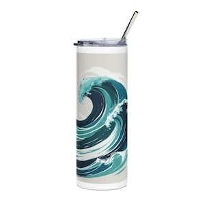 Ocean Wave Stainless Steel Tumbler: 20oz Travel Mug with Straw