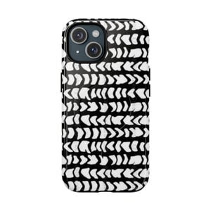 May include: Black and white phone case with a repeating pattern of white brushstrokes on a black background. The case has a glossy finish and a camera cutout.