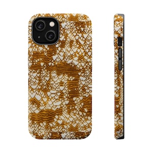 May include: A phone case with a repeating pattern of white heart-shaped scales over a brown background. The case has a black camera module and black side buttons. The design is visible on the front and side.